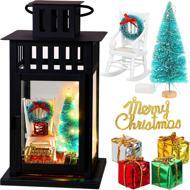 9 Pcs Christmas Memory Lanterns Sets, Include 1:12 Scale Christmas Model Chairs, Christmas Tree, Boxes, Multi Color Wreath Christmas Hanging Decoration and Light, No Lantern(Fresh Style)