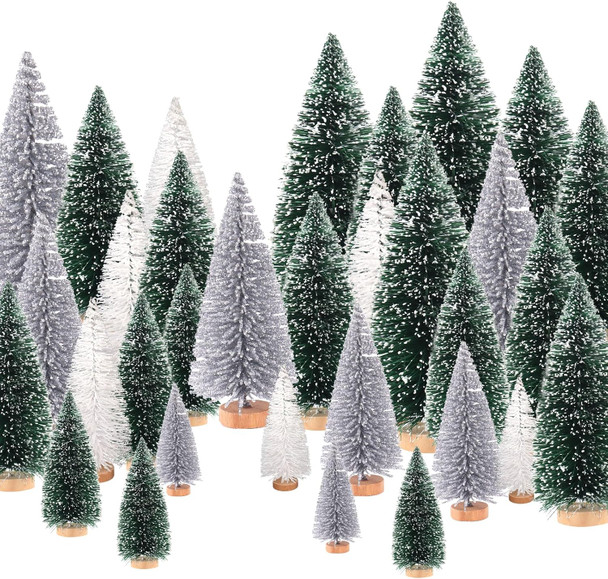 30Pcs Mini Christmas Trees Artificial Christmas Tree Bottle Brush Trees with Wooden Base for Christmas Decor Christmas Party Home Table Craft Decorations(White+Silver+Dark Green)