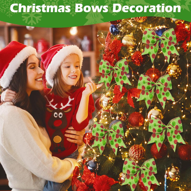 12 PCS Red Green Christmas Bows Decoration, 6 Inch Large Bow Ornaments for Christmas Tree, Bow Garland Christmas, Christmas Wreaths Bows Xmas Tree Elf Dot Bows Ribbons Ornaments for Party