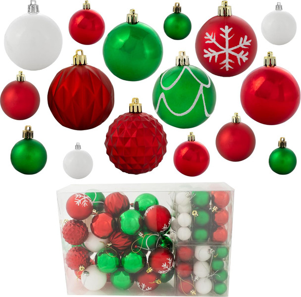 Sunnydaze Winter Wonderland 100ct Christmas Ornament Balls - Shatterproof Christmas Decorations for Tree - Red, Green, White