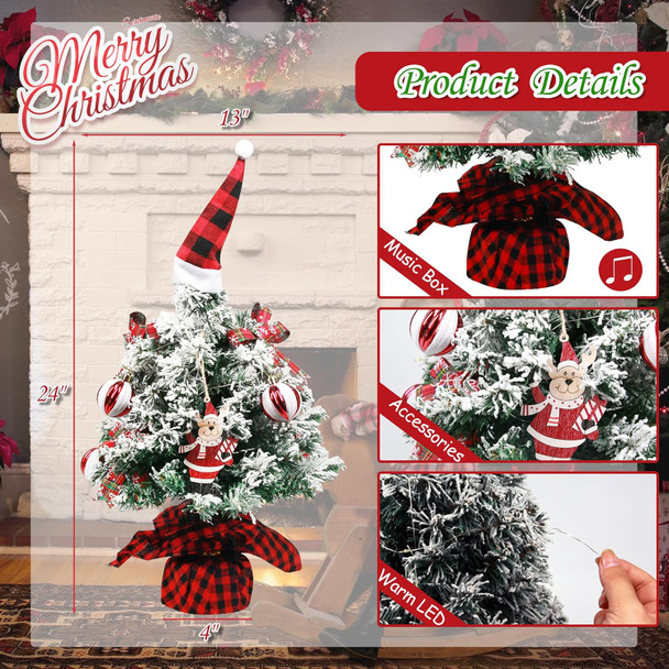 Sunnyglade Mini Christmas Tree, 24 Inch/2 FT Lighted Tabletop Artificial Xmas Tree with Music Box, Reindeer Tag and Decor Ball, DIY Small Tree with LED for Holiday Home Party Decor