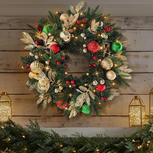 28’’ Pre-Lit Artificial Christmas Wreath Battery Operated 35 LED Lights with Gold, Green, and Red Ornaments, Glittering Gold Leaf Steams for Front Door, Xmas Wreath for Holiday Christmas Decorations
