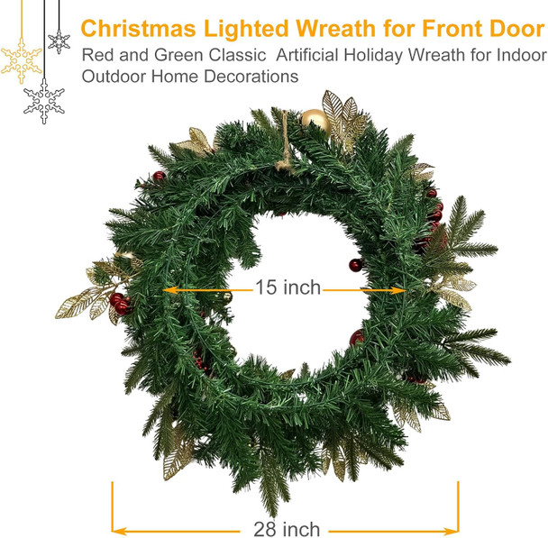 28’’ Pre-Lit Artificial Christmas Wreath Battery Operated 35 LED Lights with Gold, Green, and Red Ornaments, Glittering Gold Leaf Steams for Front Door, Xmas Wreath for Holiday Christmas Decorations
