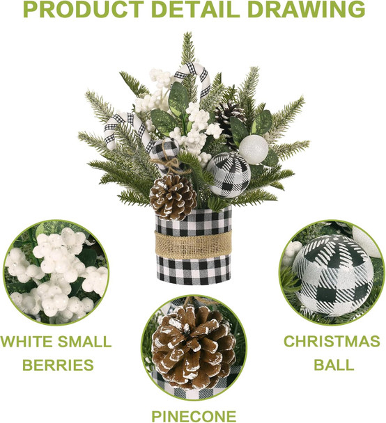 Super Holiday Small Buffalo Check Plaid Christmas Tree, Artificial Mini Tabletop Christmas Tree Decorations with Xmas Ornaments, for Home Party Thankgivings Decor, Black/White-Indoor
