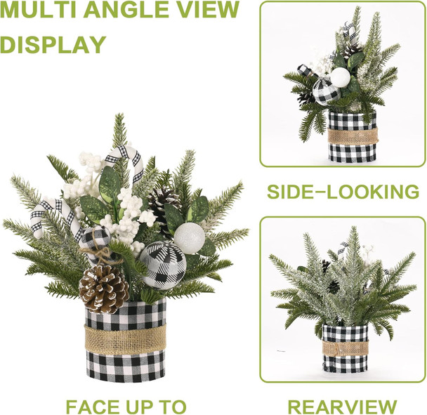 Super Holiday Small Buffalo Check Plaid Christmas Tree, Artificial Mini Tabletop Christmas Tree Decorations with Xmas Ornaments, for Home Party Thankgivings Decor, Black/White-Indoor