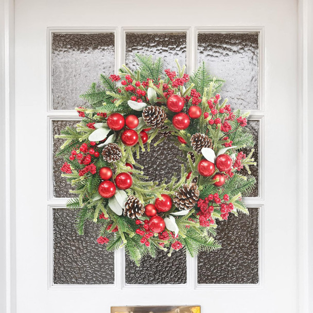 Super Holiday Artificial Christmas Wreath, Front Door Wreaths Decorations for Home, Party, Holiday, Thanksgiving, Xmas Decor - with Wreath Hanger, Green/Red.