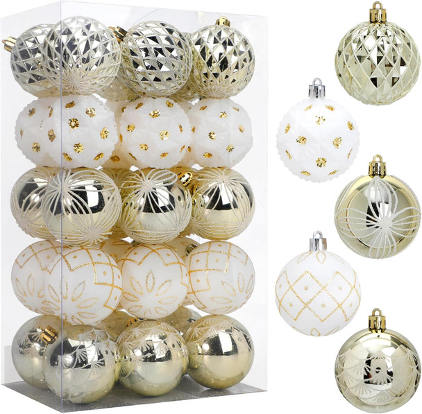 SUPREME XMAS Christmas Ornaments Set, 30pcs 2.36'' White and Gold Christmas Balls Ornaments for Christmas Tree Decorations Shatterproof Hanging Baubles for Thanksgiving Xmas Holiday Party Home Decor