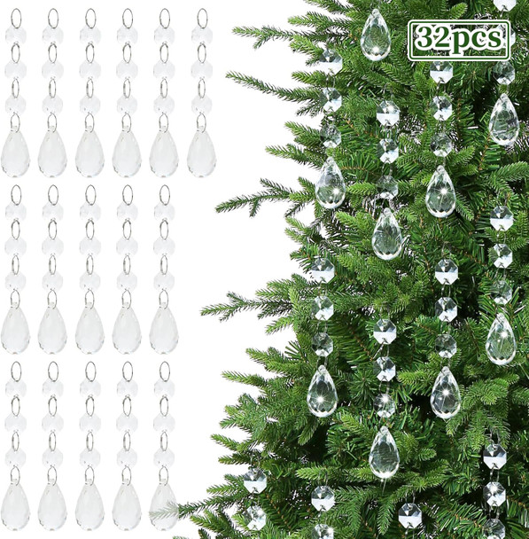 SUPREME XMAS Crystal Christmas Ornaments for Christmas Tree Decorations, 32pcs Clear Acrylic Hanging Teardrop Crystals for Centerpieces Chandelier Garland Beads Wedding Party Indoor Home Decor