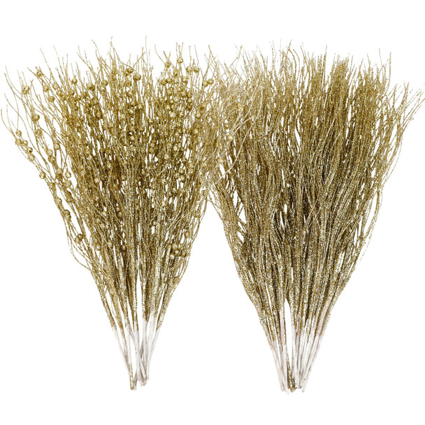 SUPREME XMAS 30 Pack Gold Christmas Tree Ornaments Set, Artificial Glitter Berry Stem Ornaments Christmas Picks Branches for Xmas Tree Sticks Decorations Vase Wreath Holiday Wedding Party Home Decor