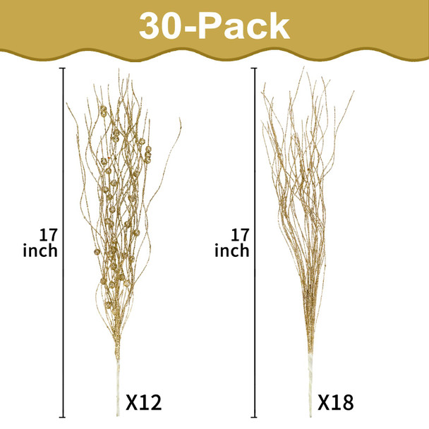 SUPREME XMAS 30 Pack Gold Christmas Tree Ornaments Set, Artificial Glitter Berry Stem Ornaments Christmas Picks Branches for Xmas Tree Sticks Decorations Vase Wreath Holiday Wedding Party Home Decor