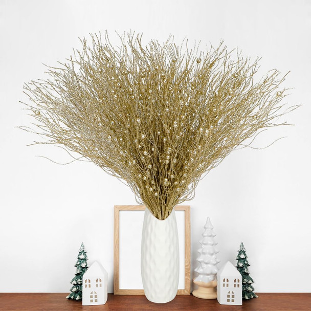 SUPREME XMAS 30 Pack Gold Christmas Tree Ornaments Set, Artificial Glitter Berry Stem Ornaments Christmas Picks Branches for Xmas Tree Sticks Decorations Vase Wreath Holiday Wedding Party Home Decor