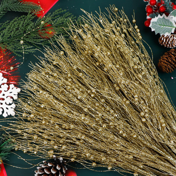 SUPREME XMAS 30 Pack Gold Christmas Tree Ornaments Set, Artificial Glitter Berry Stem Ornaments Christmas Picks Branches for Xmas Tree Sticks Decorations Vase Wreath Holiday Wedding Party Home Decor