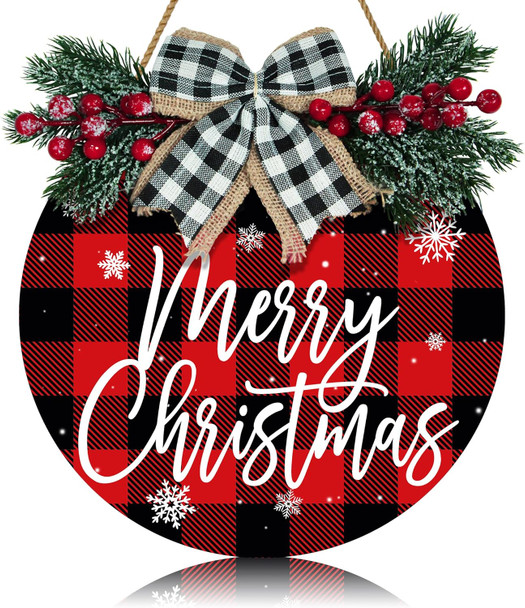 Merry Christmas Wreath Red Buffalo Plaid Xmas Welcome Door Hanger Sign for Front Door Decoration Winter Door Sign 12 Inch Welcome Wood Wreaths Rustic Wall Hanging Porch Window Decor Indoor Outdoor