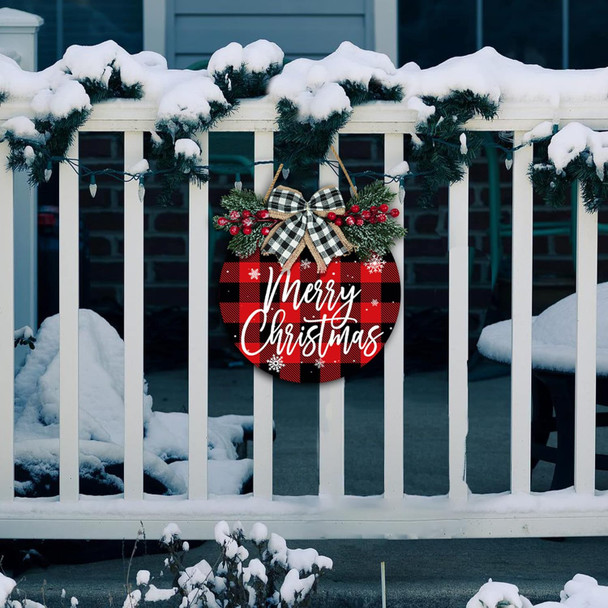 Merry Christmas Wreath Red Buffalo Plaid Xmas Welcome Door Hanger Sign for Front Door Decoration Winter Door Sign 12 Inch Welcome Wood Wreaths Rustic Wall Hanging Porch Window Decor Indoor Outdoor