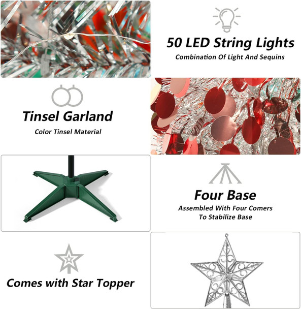 5FT Pop Up Christmas Tinsel Tree with 2 Modes 50 LED Lights and Colorful Sequins Ornaments, Easy-Assemble and Store for Xmas Home Holiday Fireplace Party Decorations (Silver)