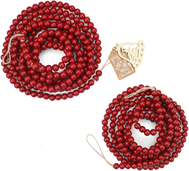 2 Pack Christmas Wood Bead Garland, Red Wooden Beads Garland, Round Wooden Beads Garland for Christmas Tree Decorations, 9 Feet+12 Feet