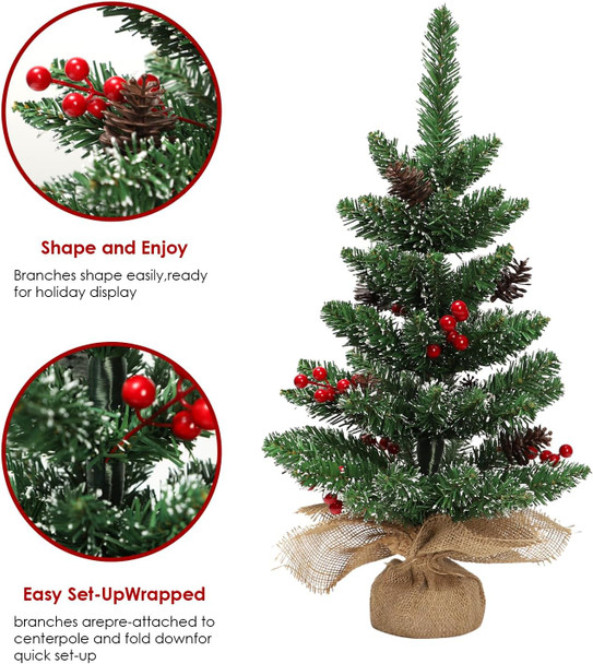 Festive 60cm Tabletop Christmas Tree in PVC, Stable Cement Base, Wrapped in Burlap, Whitened Branches, 68 Tip Counts, Topped with 6 Red Berries, 6 Simulation Pine Cones