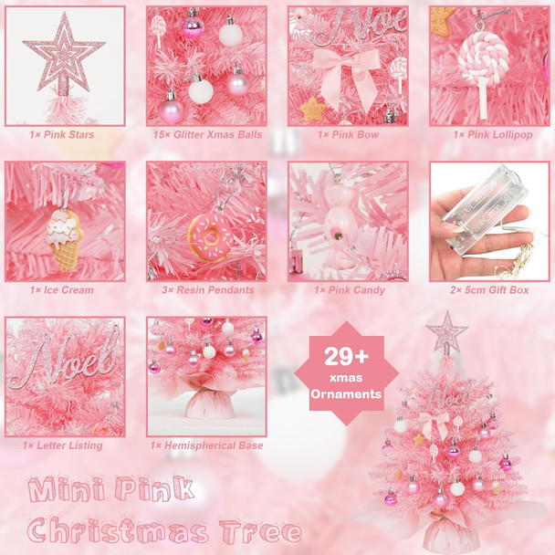 20" Mini Pink Christmas Tree Table Top Christmas Tree Artificial Xmas Tree Small Christmas Tree with Lights, Star Treetop and Balls, Tabletop Christmas Tree for Girls Rooms