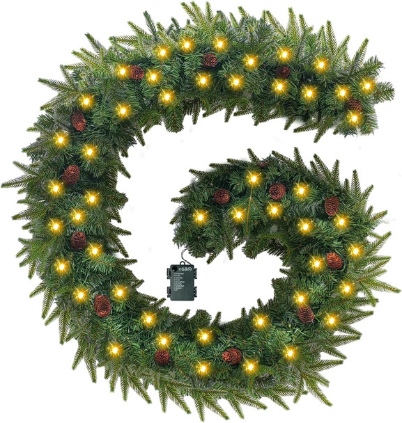 9 FT Christmas Garland with Lights,Christmas Decorations Garland Mixed Pinecones, with Timer, Battery Operated,Christmas Decor Garland for Stairs Indoor Mantle Door Wall Outdoor (Green+Brown)