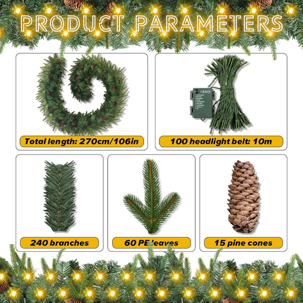 9 FT Christmas Garland with Lights,Christmas Decorations Garland Mixed Pinecones, with Timer, Battery Operated,Christmas Decor Garland for Stairs Indoor Mantle Door Wall Outdoor (Green+Brown)