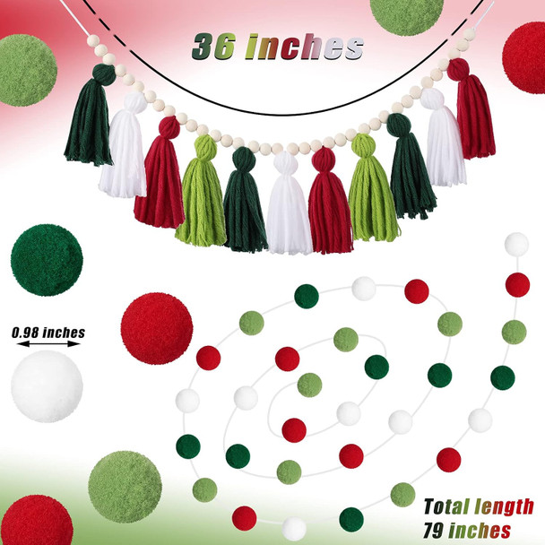 Syhood Boho Tassel Christmas Tassel Garland Wood Bead Garland with Wood Beads and 2 Pcs Western Decor Colorful Pom Pom Ball Garland for Christmas Party(Charming Colors)