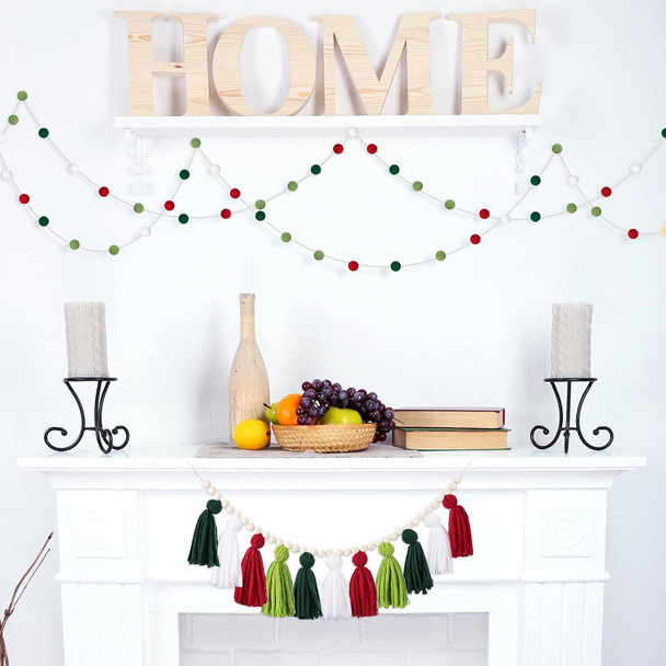 Syhood Boho Tassel Christmas Tassel Garland Wood Bead Garland with Wood Beads and 2 Pcs Western Decor Colorful Pom Pom Ball Garland for Christmas Party(Charming Colors)