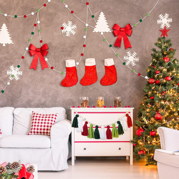 Syhood Boho Tassel Christmas Tassel Garland Wood Bead Garland with Wood Beads and 2 Pcs Western Decor Colorful Pom Pom Ball Garland for Christmas Party(Charming Colors)