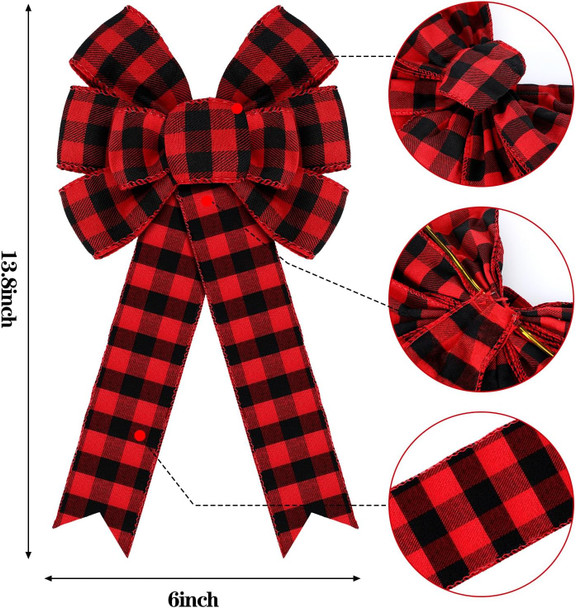 6 Counts Buffalo Plaid Bow Halloween Thanksgiving Christmas Wreath Bow 10 Inch Fall Bow for Christmas Tree Crafts DIY Bow Decoration (Red and Black)