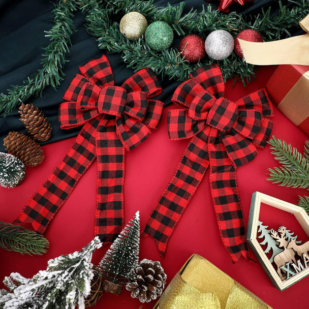 6 Counts Buffalo Plaid Bow Halloween Thanksgiving Christmas Wreath Bow 10 Inch Fall Bow for Christmas Tree Crafts DIY Bow Decoration (Red and Black)