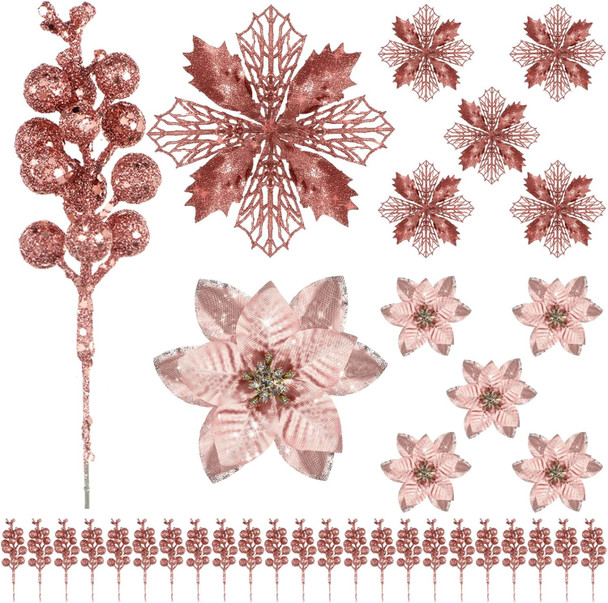 36 Pcs Christmas Poinsettia Flower 3 Styles Glitter Artificial Poinsettia Flowers Glitter Berries Stems Wedding Xmas Tree Flowers Ornaments for Christmas Party DIY Wreath Floral Decorations(Rose Gold)