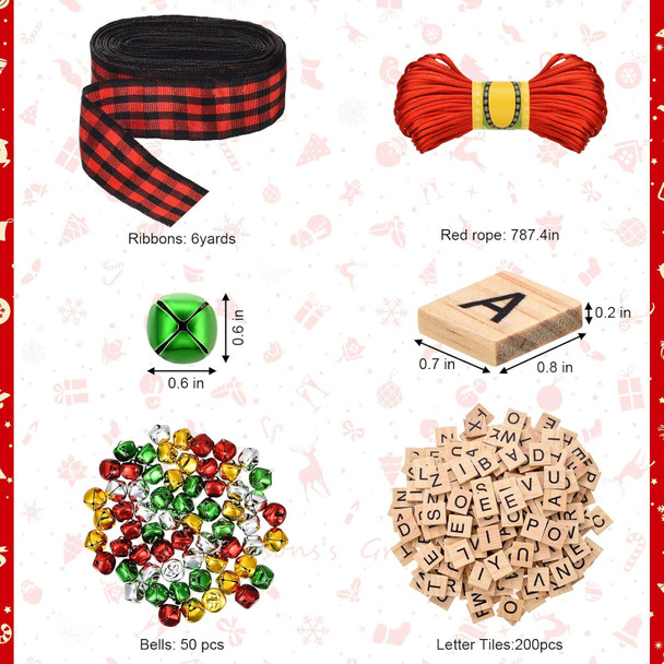 Christmas Ornaments Tree Decorations Personalized Wooden Letter Tiles DIY Crafts Capital Letter Tiles Ribbon Bells for Tree Decorations Christmas Wreath Room Holiday (Red and Black)