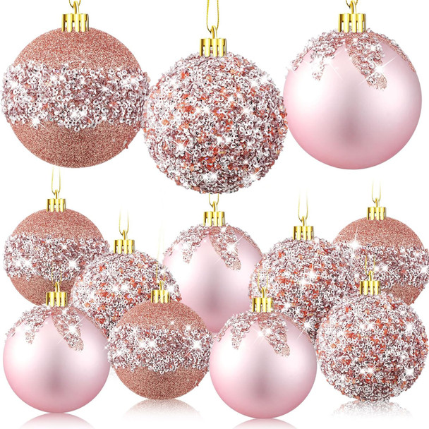 Syhood 12 Pieces Glitter Christmas Ball Ornaments Rhinestone Sequin Christmas Ball Decorations Hanging Plastic Balls for Xmas Trees Wedding Party Holiday Decorations (Rose Gold,3.15 Inch)