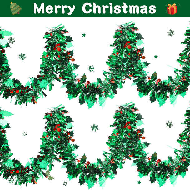 Christmas Tinsel Garland Decorations Green Metallic Garland with Red Berries Leaves Christmas Tree Tinsel Garland Green Metallic Garland for Christmas Tree Ceiling Hanging Decoration(6 Pcs,39 Feet)