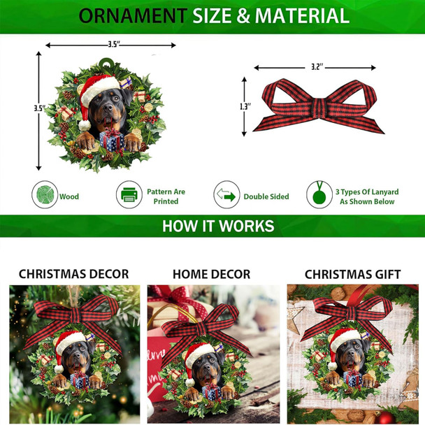 Talataca Rottweiler 2D Flat Wooden Christmas Ornament, Rottweiler Dog Wearing A Christmas Hat Wreath Pine Tree Decor, Hanging House Charm Eve Keepsake, Wood Car Mirror Accessories, Xmas