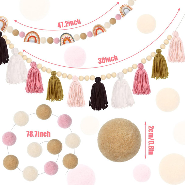 4 Pieces Boho Tassel Garland Rainbow Pom Pom Garland Wall Hanging Decor Pastel Tassel Boho Classroom Decor Felt Colorful Balls Garlands for Classroom Girls Bedroom Nursery Room Birthday Decor