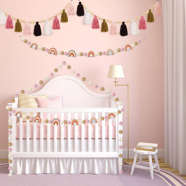 4 Pieces Boho Tassel Garland Rainbow Pom Pom Garland Wall Hanging Decor Pastel Tassel Boho Classroom Decor Felt Colorful Balls Garlands for Classroom Girls Bedroom Nursery Room Birthday Decor