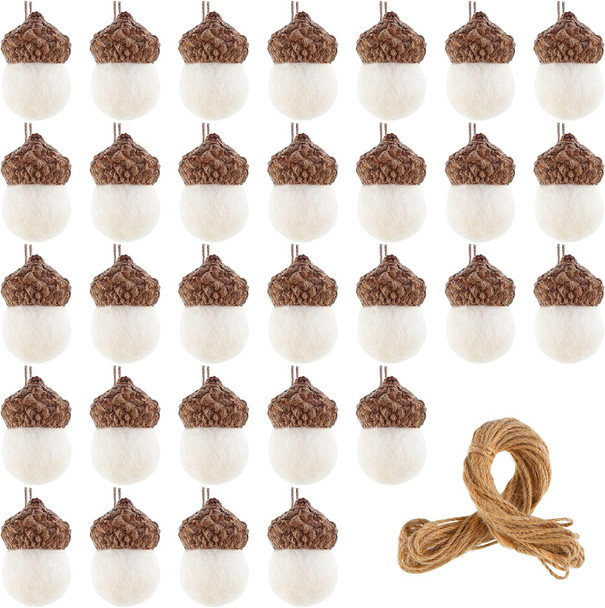 30 Pieces Felted Wool Acorn Ornaments Christmas Pinecone Felt Balls Pom Acorn Christmas Tree Pom Acorn Felt Hanging Decorations with 32.8 Ft Rope for Holiday Party Decoration (White)