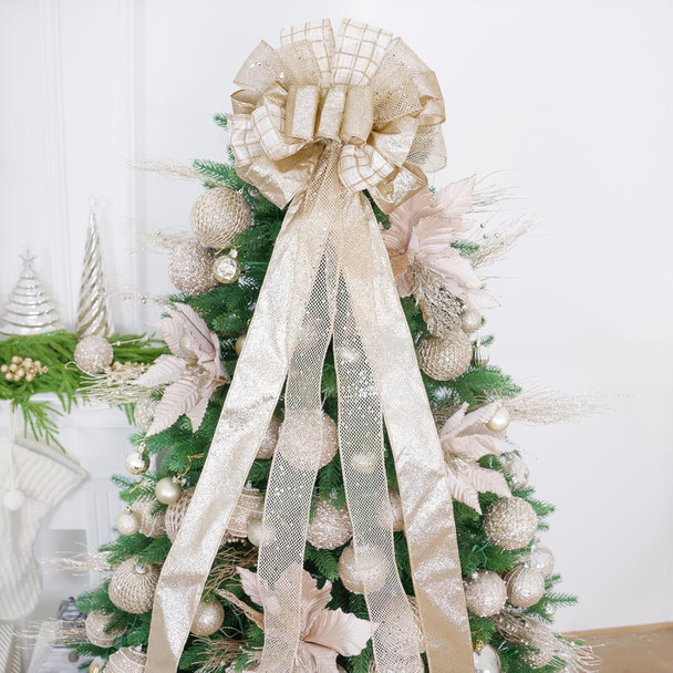 Christmas Tree Topper Bow 52x12“ Christmas Ornament with Glitter Satin Mesh Streamer,for Your Christmas Decor & Ornaments (Champagne Gold)