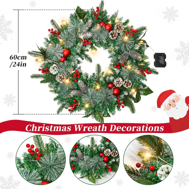 24in Christmas Wreath with Lights, Pine Cone Wreath Lighted Christmas Wreaths Winter Wreath with Pine Cones, Berries Ball Ornaments and Pine Branch for Door Window Mantle Christmas Decoration Wreaths