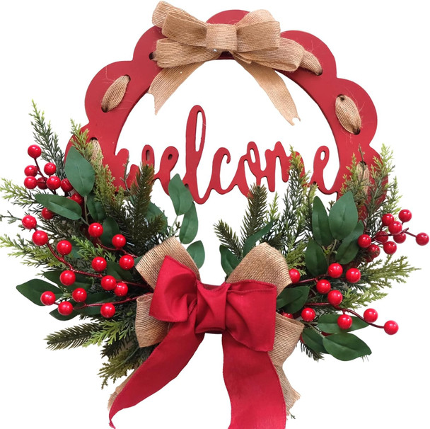 Tempus 16 Inch Wooden Board Circle Wreath Artificial Christmas Wreath Christmas Ribbon Wreath with Welcome Sign for Front Doors, Walls, farmhouses, Holiday Parties, Interior Decorations Tempus 16 Inch Wooden Board Circle Wreath Artificial Christmas Wreath Christmas Ribbon Wreath with Welcome Sign for Front Doors, Walls, farmhouses, Holiday Parties, Interior Decorations