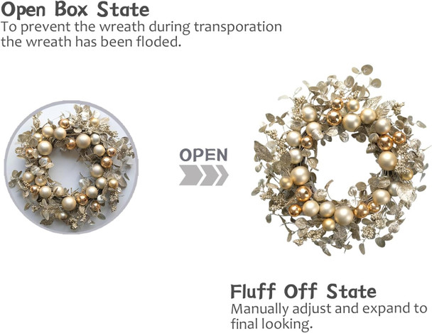 TEMPUS 20" Christmas Ball Wreath Golden Ornament Wreath Decoration for Christmas Festival Celebration Front Door Home Party Decors Shatterproof Hanging Ornament Wreath