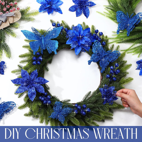 122 Pcs Christmas Glitter Poinsettia Artificial Flowers Berry Picks Butterfly Christmas Tree Ornaments 3 Styles Poinsettia kit with Clip for Xmas Wreath Home Tree Decor(Royal Blue)