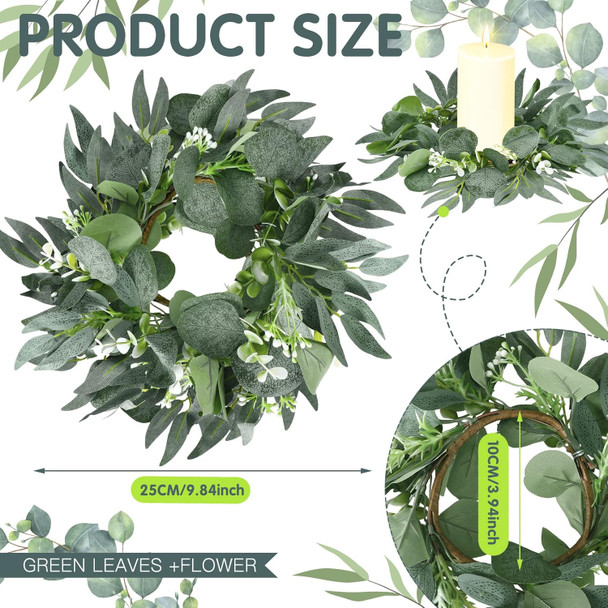 Thinkday 4 Pcs Candle Rings Artificial Eucalyptus Leaves Wreath Small Boho Wreath Pillar Candle Holder for Spring Summer Wedding Home Door Tabletop Decoration