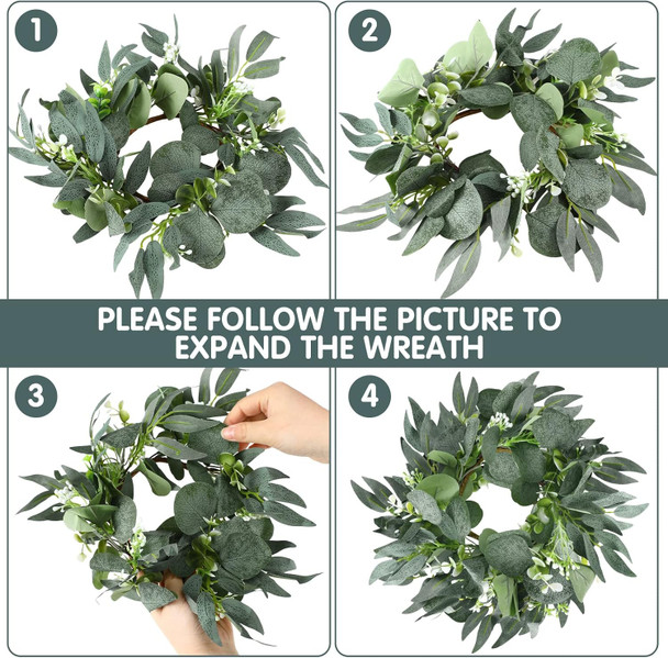 Thinkday 4 Pcs Candle Rings Artificial Eucalyptus Leaves Wreath Small Boho Wreath Pillar Candle Holder for Spring Summer Wedding Home Door Tabletop Decoration