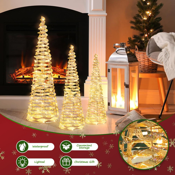 Set of 3 Christmas Cone Tree Lighted, Outdoor Small Artificial Christmas Tree with 70 LED Light, Glittered Tabletop Xmas Tree for Indoor Ornaments