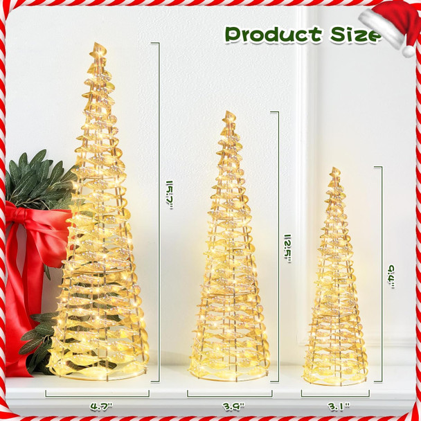 Set of 3 Christmas Cone Tree Lighted, Outdoor Small Artificial Christmas Tree with 70 LED Light, Glittered Tabletop Xmas Tree for Indoor Ornaments
