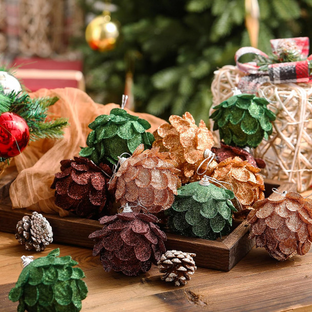 Threan 18 Pcs Christmas Ball Ornaments Glitter Christmas Tree Ornaments Artificial Pinecones Flowers Hanging Decoration for Christmas Xmas Winter Wreath Holiday Party Decor (Mixed Color)