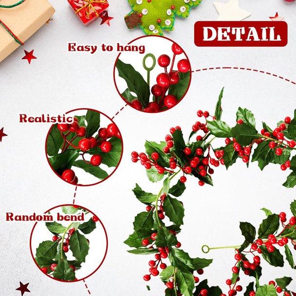 6 FT Red Berry Christmas Garland,Flexible Artificial Berry Garland,Christmas Garland Greenery with Holly Leaves Red Berries for Christmas Decorations,Winter,Holiday,Indoor Outdoor Decor