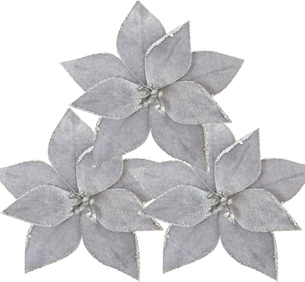10pieces Christmas Flower for Tree 7'' Christmas Poinsettia Flowers Artificial Christmas Party Flowers Ornament for Xmas Tree Wreath Garland Wedding Holiday Party Decoration (Silvery)