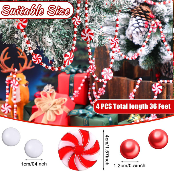 Tigeen 36 ft Christmas Tree Candy Garland, Candy Beaded Garland Plastic Red and White Bead Garland Candy Round Decor for Christmas Tree Xmas Home Fireplace Christmas Party Decoration